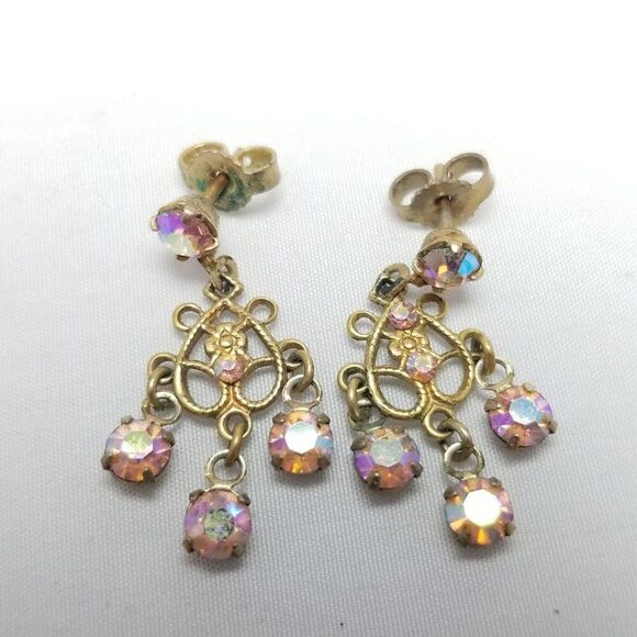 Vintage Pink AB Rhinestone Dangle Stud Earrings Gold Tone Filigree Design Estate - Picture 2 of 6